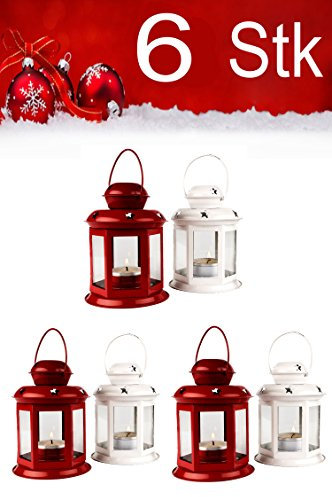 Weihnachtslaterne 6er Set Windlicht Laterne 13cm hoch für Weihnachten | kleine Laternen für draußen aus Metall und Glas | Windlichter als Weihnachtsdeko Beleuchtung oder Dekoration für Kerzen