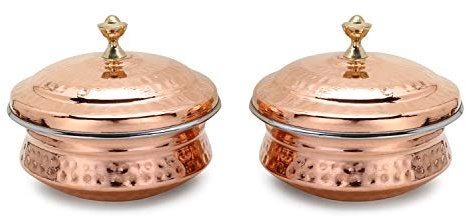 Zap Impex Handi Servierschalen – 2-teilig – Innenseite aus gehämmertem Kupfer & Edelstahl – 15 cm (450 ml) – Indische Servierschalen für Curry, Biryani & Beilagen