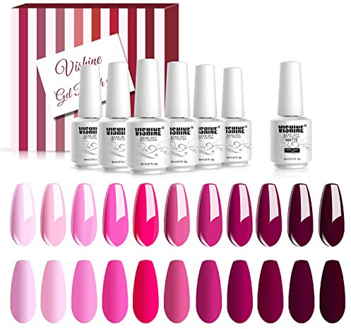 Vishine 12 Stück Gel-Nagellack-Set, 11Farben Rot Rosa Lila Glitzer Violette UV Nagellack mit Matt Top Coat Nailart Set
