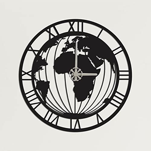 DEKADRON Metall-Wanduhr Weltkarte Design Metall Wanduhr Globe 51x51cm schwarz