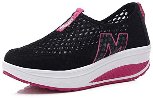 Damen Schlankheitsschuhe Laufschuhe Plateauschuhe Gewicht Luft leicht elastisch Sport Laufen Yoga Tennis zum Überziehen Sportschuh Netzstoff flach Sommer, schwarz 2, 36 EU