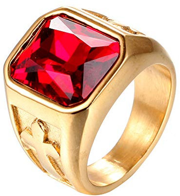 HIJONES Herren 18MM Edelstahl Rubin Stein Kreuz Ring Gold Überzogen Größe 62