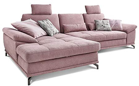 Cavadore L-Form-Sofa Castiel mit Federkern / Große Eckcouch mit Sitztiefenverstellung, Kopfstützen und XL-Longchair / 312 x 114 x 173 / Webstoff, Flieder-Rosa
