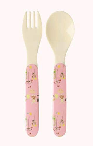 RICE Cuillère et fourchette en mélamine pour enfant avec imprimé lapin rose.