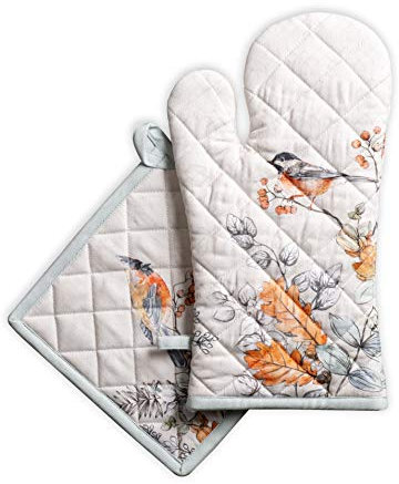 Maison d' Hermine Whitish Shabby Chique Gant de Four 100% Coton (19cm x 33cm) et Manique (20cm x 20cm) pour BBQ, Cuisson, Grill, Thanksgiving/Noël