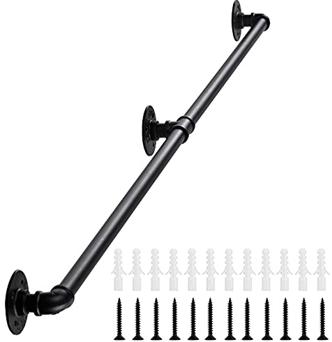 Senmit Handlauf für Innentreppen - 152 cm Wandhalterung Industrie Eisenrohr - Metallgeländer Rutschfester Haltegriff - Treppen Veranda Deck Handlauf Matt Schwarz