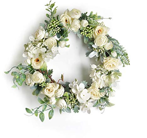 SMLJFO Künstliche Rosenkranz, Türkranz, Seidenblumen, Frühlingssommer-Kränze mit grünen Blättern, für Haustür, Innen- und Außenbereich, Heimdekoration, weiß, 36 cm