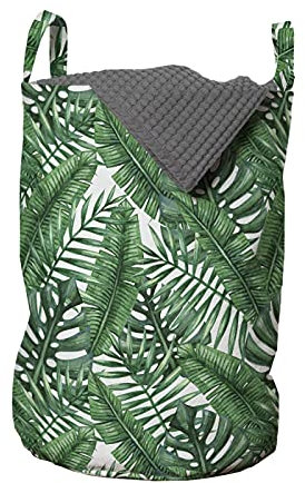 ABAKUHAUS Feuille de palmier Sac à linge, Aquarelle Jungle, Panier avec poignée Fermeture à cordon pour laverie automatiqu, 33 x 33 x 49 cm, Forêt verte Blanc