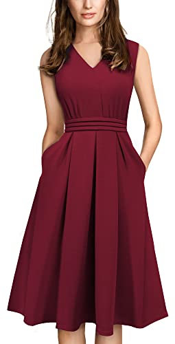 HOMEYEE Damen Vintage 50er Ärmellos Cocktail Retro mit Pocket Flared Kleid A196 (L, Dunkelrot)