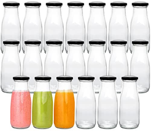 Glasflaschen, 340 ml, transparente Glas-Milchflaschen mit schwarzem Metalldeckel, Vintage-Trinkflaschen mit Whiteboard-Etiketten und Stift, für Party, Kinder, 20 Stück