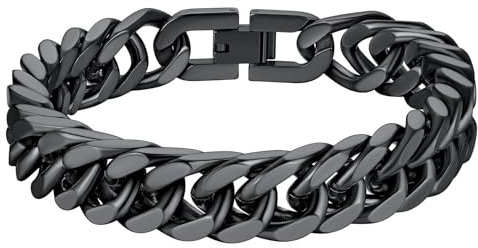 Richsteel Punk Panzerarmband 12mm breit 23cm lang Kubanische Armskette Schwarz Partnerarmband mit Geschenkebox für Paar Pärchen