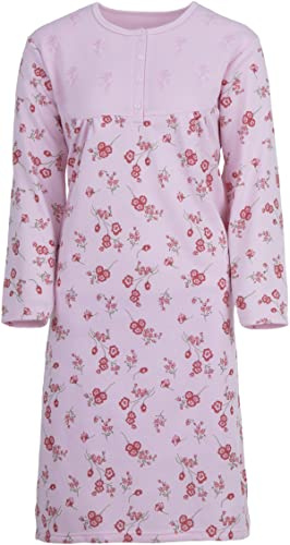 Zeitlos Thermo Nachthemd Blumen mit Stickerei Damen Langarm Knopfleiste M-2XL, Farbe:rosa, Größe:XL