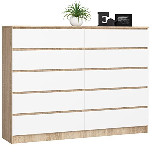 AKORD Kommode K160 160 cm | 10 Schubladen | für das Wohnzimmer | für das Schlafzimmer | für das Arbeitszimmer | Büro | B160 x H121 x T40 cm | Gewicht 101,75 kg | Sonoma Eiche/Weiß