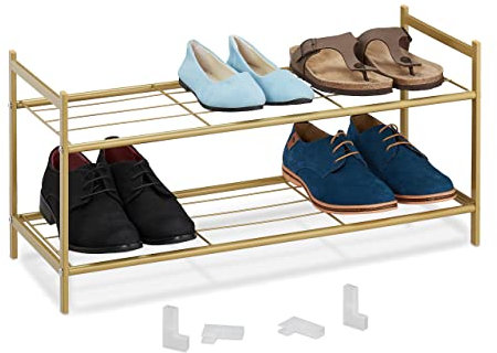 Relaxdays Metall Schuhregal, 2 Ebenen, stapelbar, Flur Schuhgestell HBT 33,5 x 70 x 26 cm, 6 Paar Schuhe, offen, gold