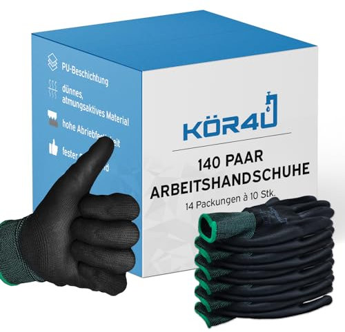 kör4u 140 Paar Arbeitshandschuhe, atmungsaktiv und beschichtet, als Schutzhandschuhe, Gartenhandschuhe Damen und Mechaniker Handschuhe geeignet, mit hochwertiger PU-Beschichtung, dünn und leicht
