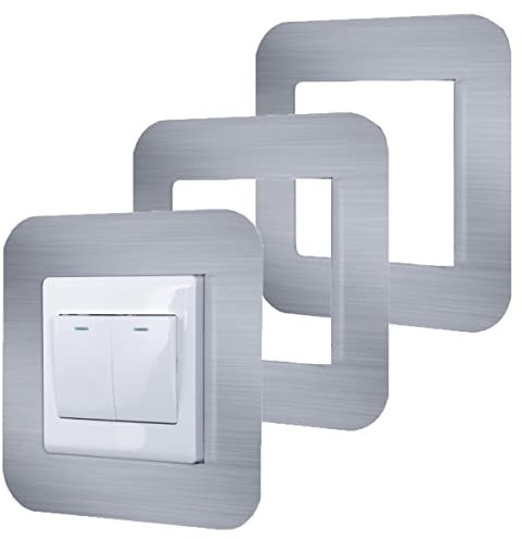 3 Pcs Switch Surround Frame Square Light Switch Cover Sticker Plug Socket Surround for Switch Panel or Electrical Plug Socket 8.6 x 8.6cm (Silver)