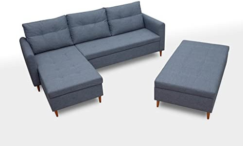 ALTDECOR Ecksofa links mit Schlaffunktion und Bettkasten mit Gasdruckfeder, Polstercouch in L-Form links angeordnet, ideal als Gästebett, inkl. ein Pouf mit Stauraum - ERO - 229x153x89 cm - Dunkelgrau
