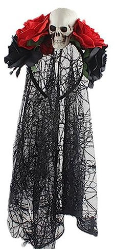 Haarreif Dia de los Muertos,Totenkopf Tiara mit Blüten Spitze Haarschmuck mit Rosen Schleier Kopfschmuck Halloween Kostüm Mexikanischen Stirnband Day of the Dead Headpiece für Karneval Cosplay Party