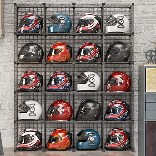 Motorcycle Helmet Rack Stand - Floor-Standing Metal Bike Helmet Holder with Shoe Bag Shelf - Grids Storage Bins for Closet Cabinet - Modular Bookshelf & Hat Display Case