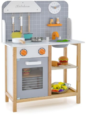 GYMAX Wooden Play Kitchen, Kids Kitchen Playset with Oven, Stove, Sink, Shelf & Cookware Accessoires, Pretend Play Toy Kitchen for Girls Boys Age 3+ (57 x 26 x 82 cm)