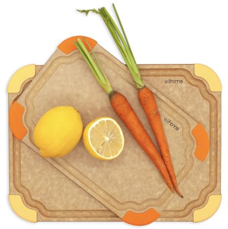 Elihome Premium Series 2-in-1-Küchen-Schneidebrett-Set, rutschfeste Füße, farbkodiert mit Lebensmittel-Symbol, natürliche Holzfaser, spülmaschinenfest, umweltfreundlich, Saftrillen, BPA-frei