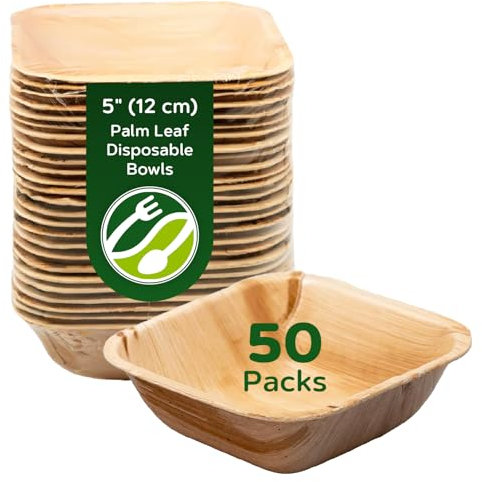 ECO Leaf 50 Disposable Palm Leaf Bowls |5”(12cm) Square Compostable Dinner Bowls | Eco-Friendly, Biodegradable Heavy-Duty Bowl for Wedding, Party and Picnic | Microwave & Oven Safe, Pack of 50