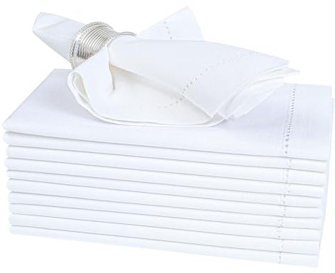 Weiße Stoffservietten mit Hohlsaum, Baumwolle, waschbar und wiederverwendbar, Tischservietten für Hotel, Mittagessen, Restaurant, Hochzeiten, Veranstaltungen und Partys (12 Stück, 45,7 x 45,7 cm)