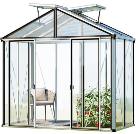 GFP Gewächshaus Hera 2 Glasgewächshaus 263x138 cm Aluminium-Rahmen mit autom. Fensteröffner & Klapptisch