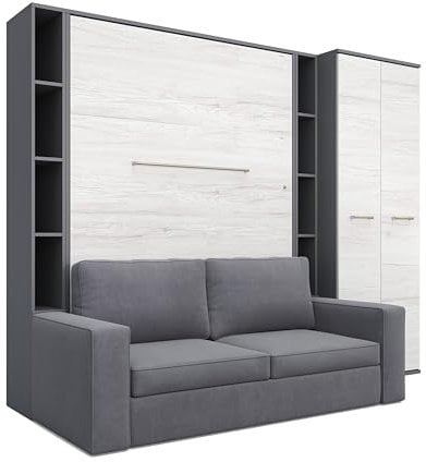 MAXIMAHOUSE Schrankbett vertikal mit Sofa, 2 Regalen und Kleiderschrank, Invento LED 140V mit Lattenrost aus Holz, Wandklappbett 140x200 modern Design (Grau/Eiche Monaco + graues Sofa)