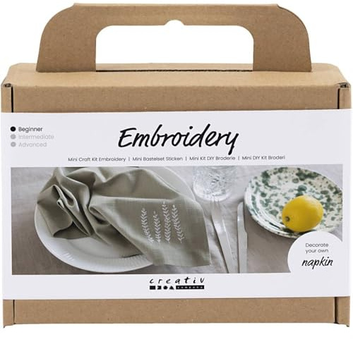 Creativ Mini Bastelset Stickerei, staubgrün, Serviette, 1 Packung, Green