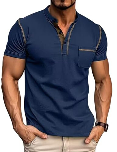 Ophestin Men's Henley Shirts Short Sleeve T Shirt Casual Fashion Shirt Buttons Tee Top Blue L