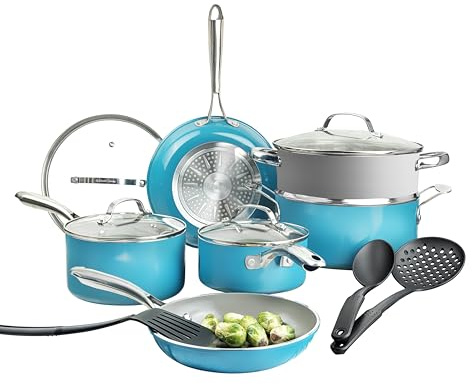 Gotham Steel Juego de 15 ollas y sartenes de cerámica antiadherentes, juego de utensilios de cocina, juego de ollas y sartenes, juego de ollas, juego de utensilios de cocina no tóxicos, juego de