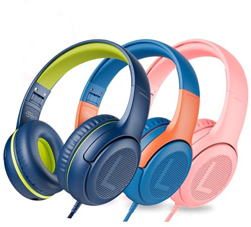 awatrue Cuffie per Bambini con Cavo, Cuffie per Bambini con Microfono, Cuffie On-ear, Limitazione del Volume 85/94 dB, jack da 3,5 mm, Design pieghevole, Sicure e Comode (BluVerde+BluarArancia+Rosa)