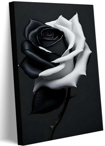 Leinwandbild, Motiv: schwarze und weiße Rose, modernes Rosen-Poster, Wanddekoration, Bild, rustikales Blumengemälde für Wohnzimmer, Schlafzimmer, Badezimmer, Bauernhaus, Heimdekoration, 40,6 x 61 cm
