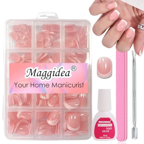 Maggidea Press on Nails,Jelly Pink Short Square False Nail Glossy 240 Pcs Fake Nails French Tip Glue on Nails Nail Art Manicure (Square Round- Extra Short)