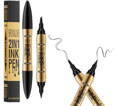 Augenbrauenstift, 2-in-1 Magischer Wasserfest Eyeliner & Eyebrow Pencil, mit 4 Zinken Micro Gabelspitzen Applikator & präziser Pinselspitze, Erzeugt 3D natürliche Augenbrauen (Schwarz)