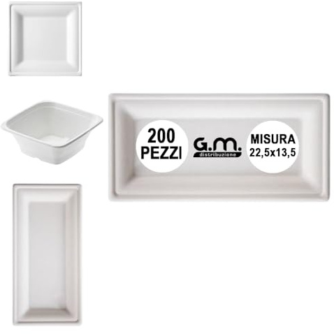 200 Piatti Rettangolari Bianchi in Polpa di Cellulosa 22,5x13,5 cm, Ideali per Cibi Caldi e Freddi, Piatti Impermeabili Usa e Getta Adatti al Microonde, Biodegradabile e Compostabile