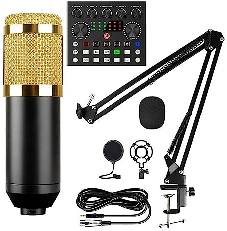 Sound Card Kit Condenser Microphone Set With Live Sound Card,Metal Shock Mount And Double Layer Pop Filter For Live Podcasting Studio Setup
