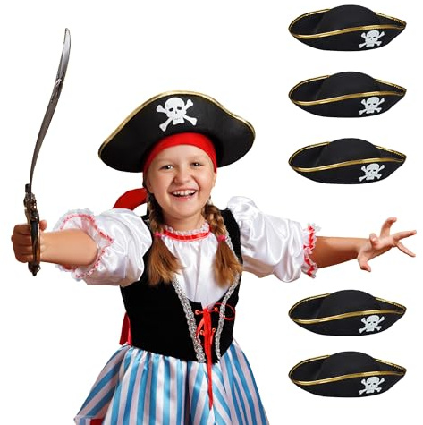 Relaxdays Piratenhut, 6er Set, für Kinder, Fasching & Karneval, Dreispitz Hut, Piratenkostüm Accessoire, schwarz/Gold