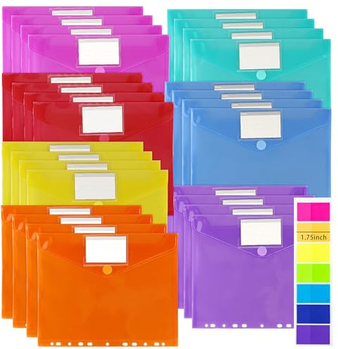 28 Stück Dokumententaschen A4 transparent mit 11 gelochten Kanten und Etikettenfach, Verschluss, Klarsichthüllen in 7 Farben, mit Stickern