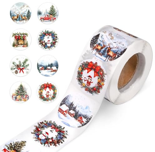 500pcs Christmas Roll Stickers, 1.5in Christmas Round Labels Stickers Holiday Tree Reindeer Santa Claus 8 Styles Vintage Xmas Seals Stickers Decoration Party Supplies for Crafts Envelope Sealing