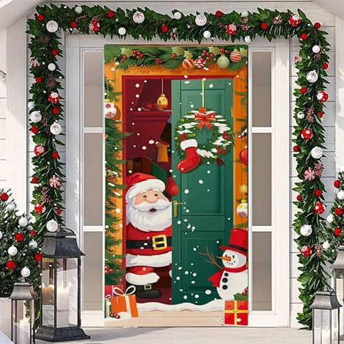 Surwin Forro Puerta Navidad,Estampa de Papá Noel Adornos Navidad Decoración de Cubierta de Puerta de Navidad, Decoracion Navidad Exterior Interior Casa, Pancarta de Navidad (90X200cm,Navidad 3)
