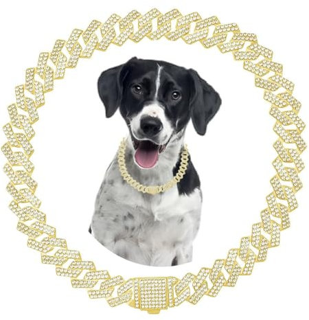 Goldene Kette, Hundehalsband, Strass-Hundehalskette, Welpenhalsband, Glitzerkette, glitzernd, kubanische Glieder für kleine, mittelgroße und große Haustiere, 25,4 cm