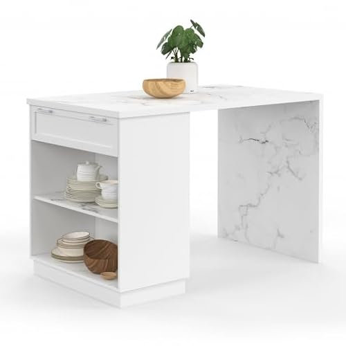 IDMarket – Ilot central comedor de pie 4 personas VITO 130 cm blanco y bandeja mármol ALASKA