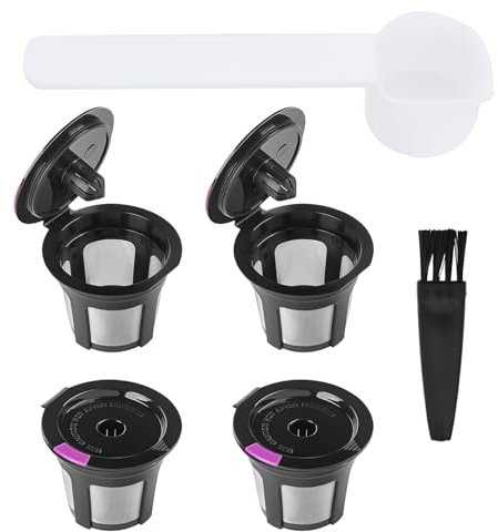 BOXOB 4 Pack Refillable Coffee Machine Filters for Keurig 1.0 & 2.0 Brewers, Reusable Cups with Spoon & Brush Accessories Parts Universal Fit Capsules with Stainless Steel Mesh Strainer (Black)