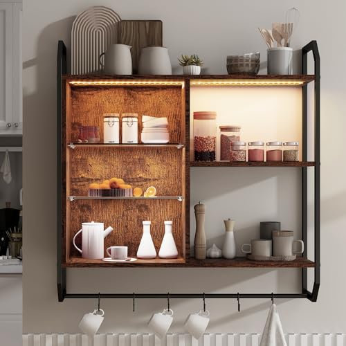 YOURLITE Bar Regal Wand, Schwebende Regale mit LED, Wandregal mit Verstellbarer Glasablage, mit 6 S-förmigen Haken, Wein Kaffee Bar Regal, für Spielzimmer, Wohnzimmer, Küche