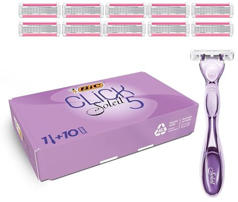BIC Click 5 Soleil Damenrasierer mit 5 flexiblen Klingen und 10 Nachfüllungen, schwenkbarem Kopf und Gleitstreifen für glatte Rasur, ergonomischer Griff mit Gummigriff, leicht und nachfüllbar für den