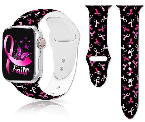 Breast Cancer Awareness Watch Band Compatible with Apple Watch 42mm 44mm 45mm,Breast Cancer Pink Ribbons Smartwatch Wristband Adjustable Soft Silicone Replacement for iWatch Series SE 7 6 5 4 3 2 1