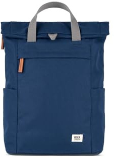 ROKA London Finchley A Medium Recycled Canvas (Crisp Blue) | Roll top backpack with spacious storage, padded laptop sleeve, side bottle pockets, secret pocket and adjustable straps