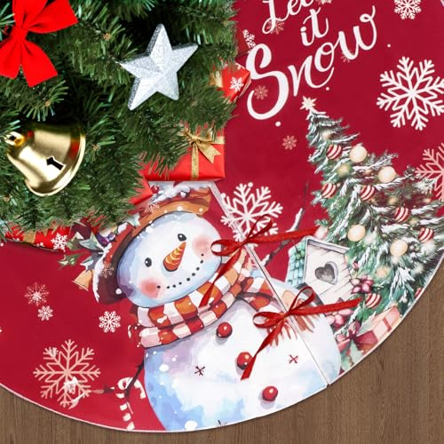 Christmas Tree Skirt, Christmas Tree Decorations Skirt, Red Cable Knitted Xmas Tree Mat with Snowflakes and Snowman, for Christmas Party Winter Holiday, Indoor Outdoor Holiday Party Decorations(90cm)